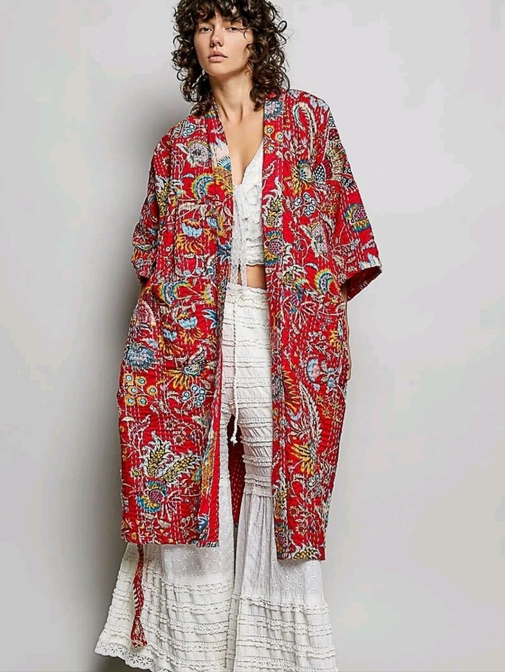 NWT POL Bohemian Kantha Floral Red Kimono Cardigan OS